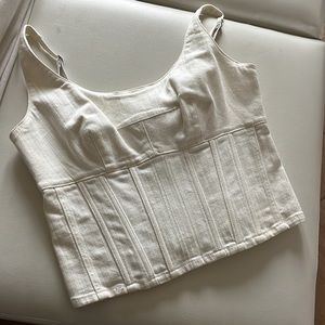Anthropologie brand, Maeve, corseted cream denim-like top with stretch, size 10